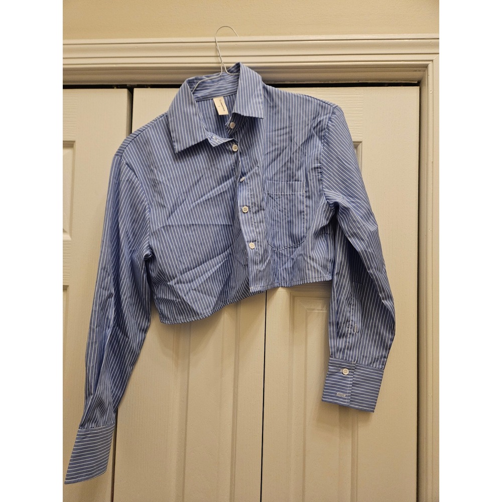 Commense Womens Blue White Striped Cropped Button Down Shirt Long Sleeve Small